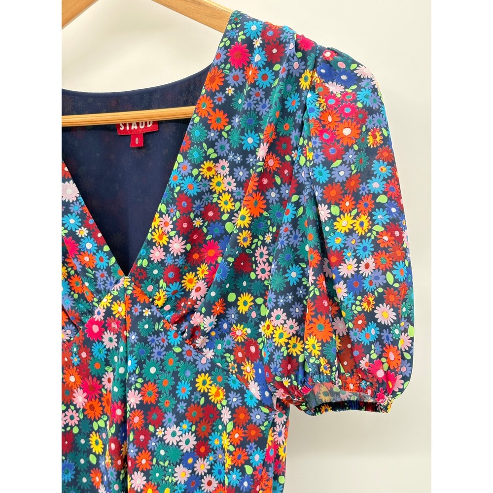Staud Mini Dress Milla Rainbow Floral Puff Sleeve A Line Fairy Women Size 0 - Picture 9 of 12